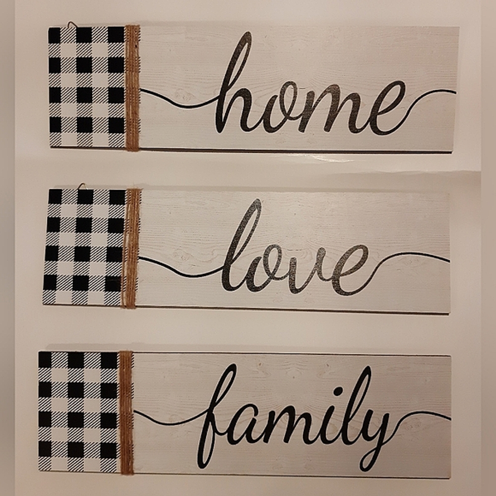 3 Piece Home, Love, Family Buffalo Plaid Rustic Farmhouse Hanging Wooden Decor.